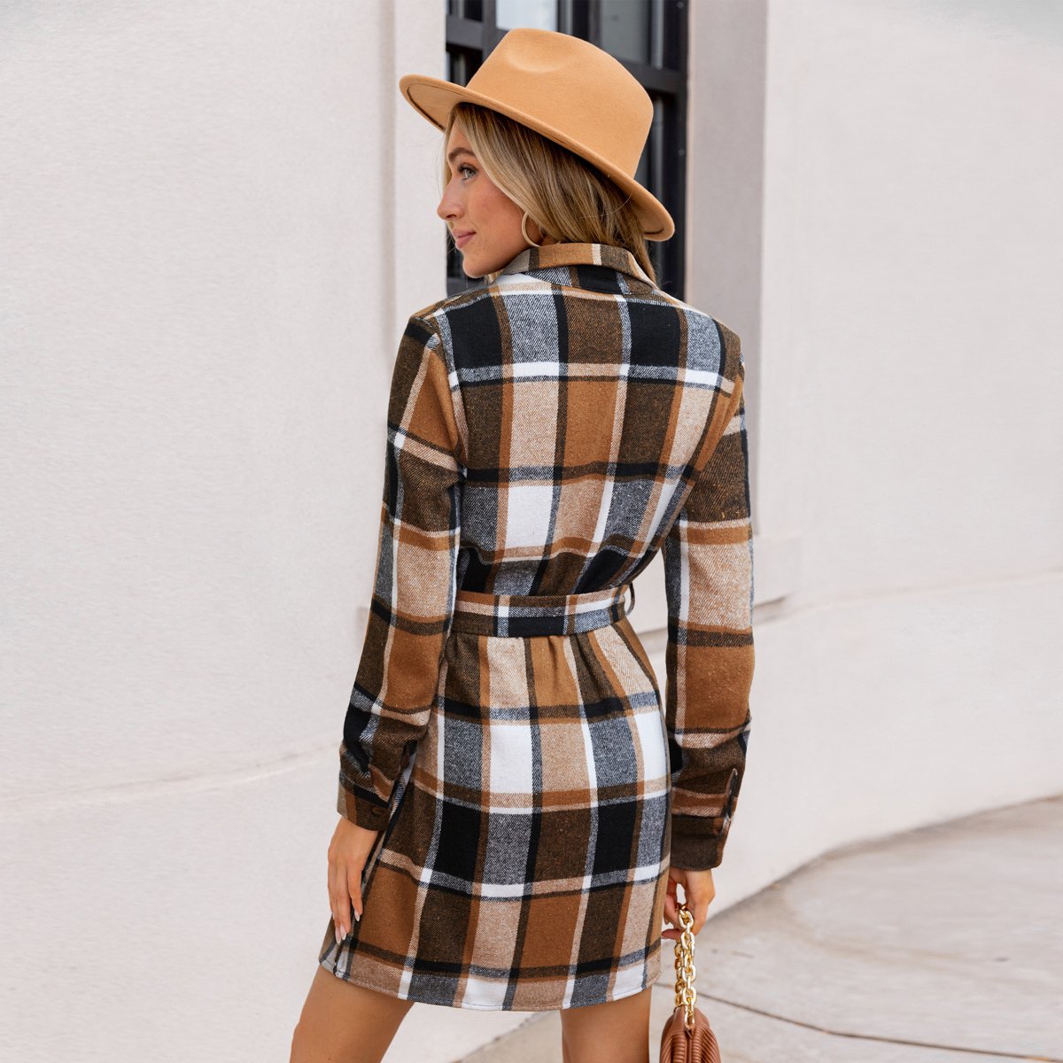 Женские платья Cupshe Women's Plaid Collared Long Sleeve Front Button Mini Shirt Dress-L-Orange — фото 4