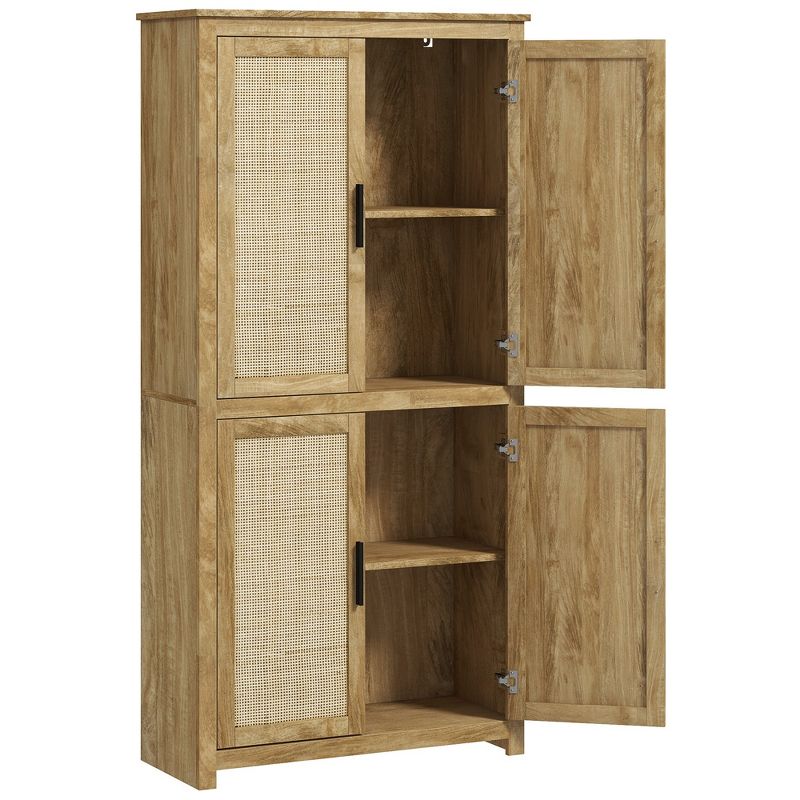 HOMCOM 64" Kitchen Pantry Storage Cabinet, Freestanding Kitchen Cabinet with 4 Rattan Doors, 4 Tier Shelves and Adjustable Shelf, Natural, 4 of 7