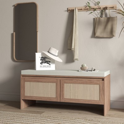Airsurfer Rattan Storage Bench with Cushion, Faux Rattan Shoe Cabinet with 2 Doors, Mid-Century Modern Wood Entryway Bench for Hallway or Bedroom