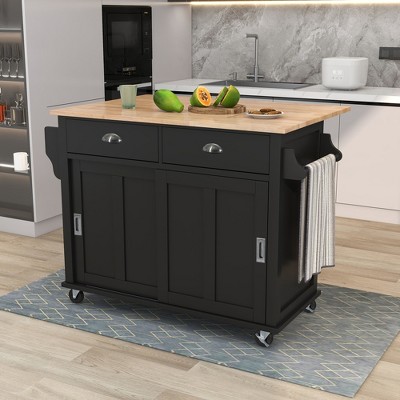 PDTEND 52.2" Kitchen Island with Rubber Wood Drop-Leaf Countertop, Sliding Barn Door, Adjustable Height, 4 Wheels, Storage Cabinet & 2 Drawers