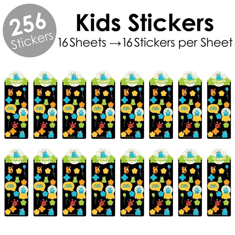Big Dot of Happiness Monster Bash - Little Monster Birthday Party Favor Kids Stickers - 16 Sheets - 256 Stickers, 2 of 7