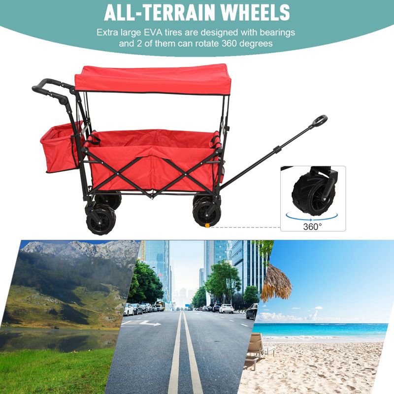 DURHAND Collapsible Folding Utility Garden Cart Wagon with Adjustable Push/Pull Handle Canopy & All-Terrain Wheels, 4 of 9