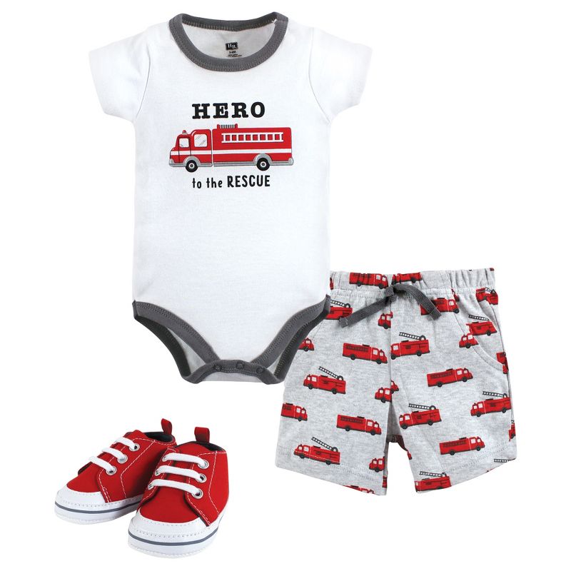 Hudson Baby Infant Boy Cotton Bodysuit, Shorts and Shoe Set, Firetruck Hero, 1 of 6