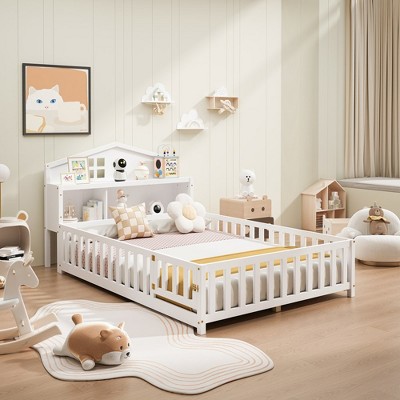 55.79"Full-size Floor Beds with Bookcases and Blackboards, Versatile Platform Beds with Guard rails,White