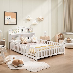 55.79"Full-size Floor Beds with Bookcases and Blackboards, Versatile Platform Beds with Guard rails,White - 1 of 4
