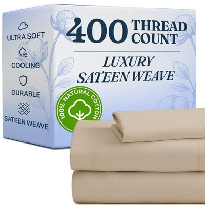 100% Cotton 400 Thread Count 4 Piece Sheet Set - Soft & Cozy Sateen Bed Sheets - CGK Linens