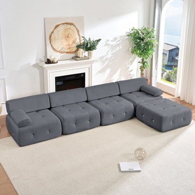 Mjkone L-Shaped Velvet Sectional Sofa,4-Seater Modular Sectional Sofa With Ottoman, Convertible Sofa Couches with Rivet Trim,Dark Grey
