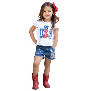 USA Sequin Patched Denim Shorts Set Mia Belle Girls - 1 of 4