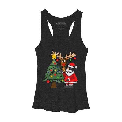Women's Design By Humans Funny Cute Santa Claus and Christmas Reindeer by Tree By SmileToday Racerback Tank Top
