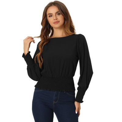 Allegra K Women's Round Neck Shirred Lantern Long Sleeve Peasant Shirt