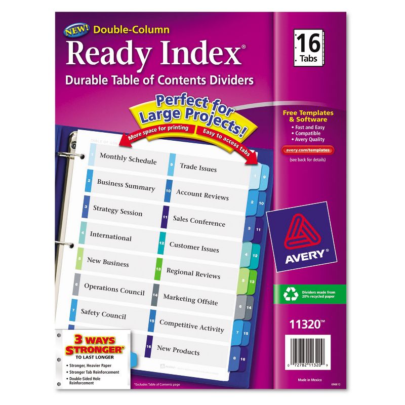Avery Ready Index Customizable Table of Contents Double Column Dividers 16-Tab Ltr 11320, 1 of 9