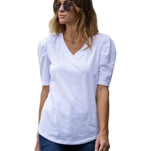 Amaryllis Women's V-Neck Puff Sleeve Tee with Gathered Shoulder Detail Relaxed Fit  Stretch Fabric - 1 of 4