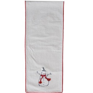Storied Home Linen Printed Table Runner with Embroidered Snowman and Bird Image, Applique and Pom Pom Trim, Natural, Red and Black - 1 of 2