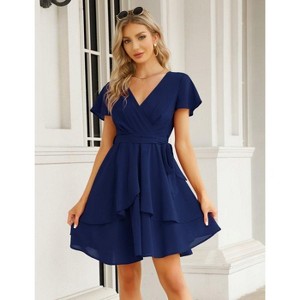 Womens Skater Dresses Sexy V Neck Short Sleeve Tie Waist Solid Ruffle Boho Flowy Swing Mini Dress - 1 of 4