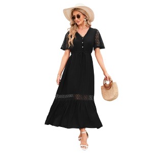 Womens 2025 Summer Lace Lotus Leaf Short Sleeve Maxi Dress V Neck Long Flowy Dresses - 1 of 4