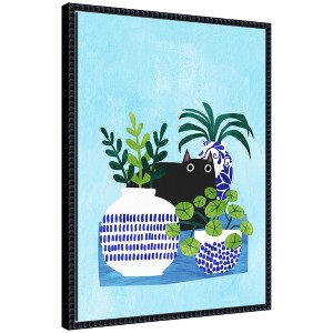 Kate and Laurel Framed Canvas Wall Art Print Blue Pots by Planet Cat, 18 x 24 Sylvie Beaded Black Frame, Whimsical, Animal Art for Wall Decor - 1 of 4