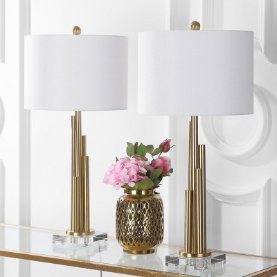 Hopper Brass Gold Table Lamp Set with White Linen Shade
