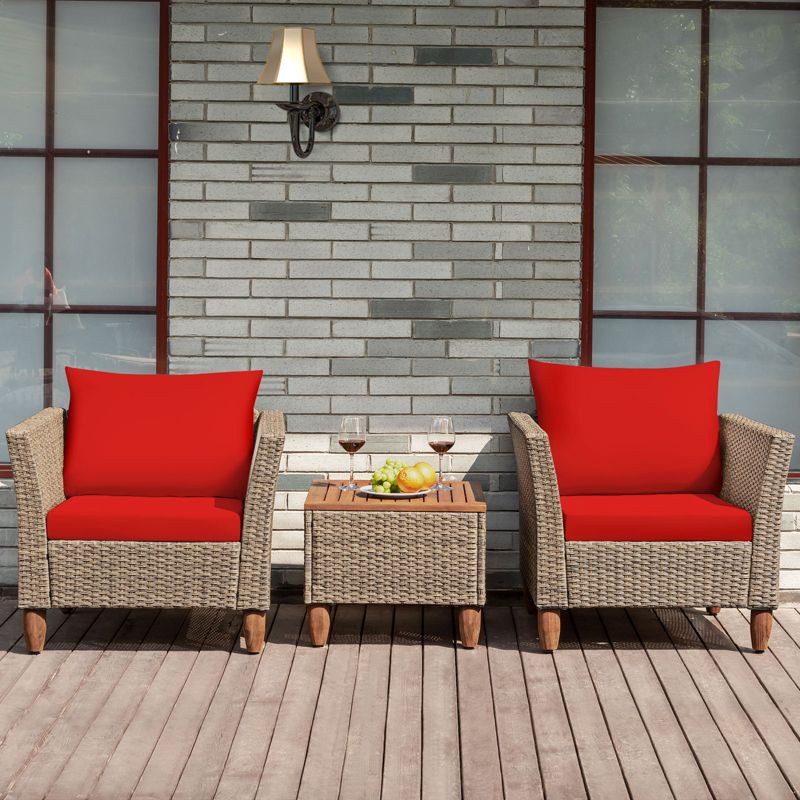 Tangkula 3 Piece Outdoor Rattan Sofa Set Wicker Conversation Furniture Set with Cushions, 3 of 10