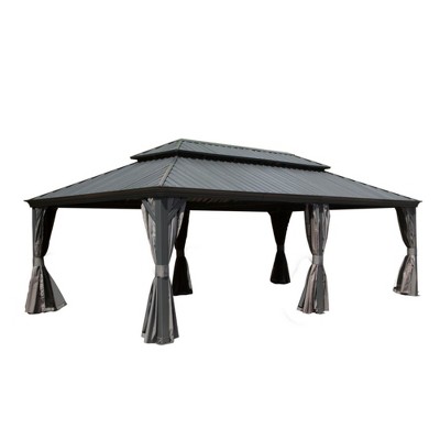 PAGED 10'X12' Hardtop Outdoor Canopies and Gazebos with Galvanized Steel Double Canopy for Patios Deck Backyard, Curtains and Netting, Brown