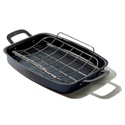 OXO 15"x10.5" Steel Open Ceramic Roaster with U-Rack Black: Hand Wash, Gas & Electric Compatible, Made Without PTFE/PFOA