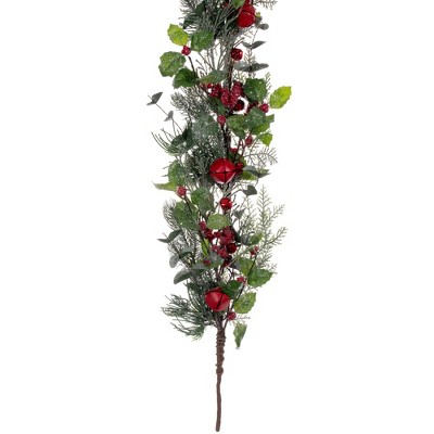 5' Green and Red Artificial Pine Garland with Snow and Bells