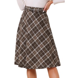 INSPIRE CHIC Women's Tartan Plaid High Waist Belted Vintage A-Line Midi Skirt - 1 of 4
