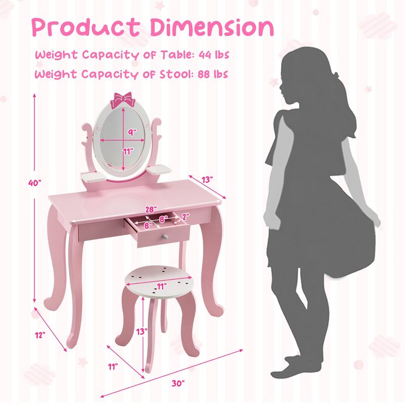 Costway Kid Vanity Table Stool Set with Adjustable Mirror Storage Drawer Makeup Pink, 4 of 11
