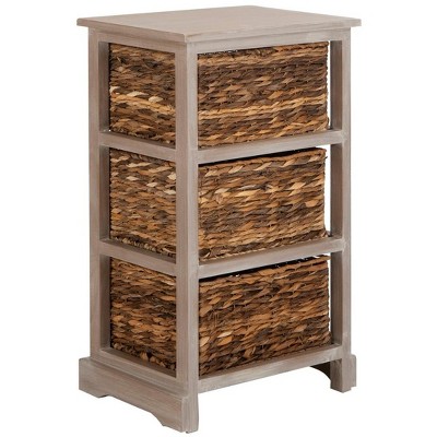 Transitional Brown Pine Wood Rectangular Side Table with 3 Wicker Baskets