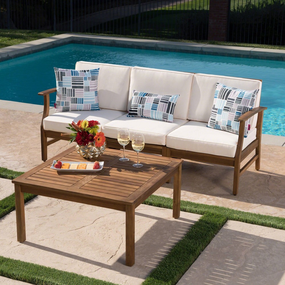 Perla 4pc Acacia Wood Sectional Sofa Set Teak/Cream - Christopher Knight Home: Weather-Resistant Outdoor Seating -  76386450