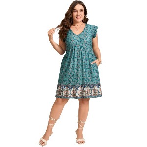 Clearlove Womens Womens Plus Size Casual V Neck Dress V Neck Loose Swing Ruffle Summer Boho Midi Dress with PocketsCasual Dress - 1 of 4
