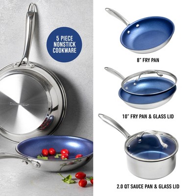 Blue Stainless Steel Nonstick 5-Piece Cookware Set