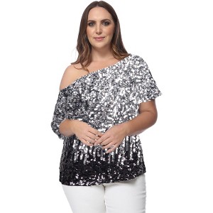 Anna-Kaci Plus Size Zig Zag Ombre Sequin One Shoulder Short Sleeve Sparkle Party Top - 1 of 4