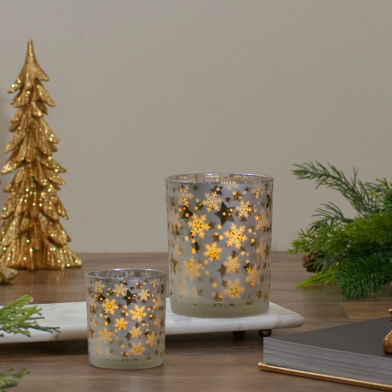 Northlight 3" Matte Silver and Gold Stars and Snowflakes Flameless Glass Candle Holder, 2 of 6