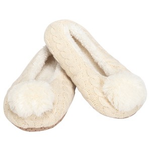 Elanze Designs Ballerina Knit Pom Womens Plush Lined Cozy Non Slip Indoor Soft Slipper - Cream, Small - 1 of 4