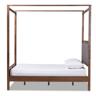 King Gray Upholstered Wood Platform Canopy Bed with Tufted Headboard