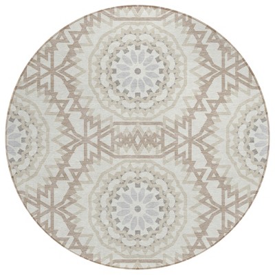 Ivory Beige And Silver Floral Medallion Washable Indoor Outdoor Area Rug