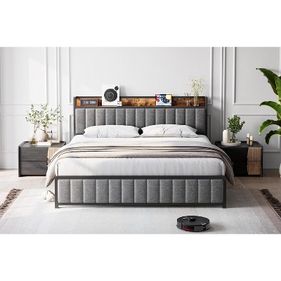 Full Size Bed Frame with Shelf Headboard, Industrial Upholstered Platform Bed, Heavy Duty Metal Slats Support, No Box Spring Needed, Easy Assembly
