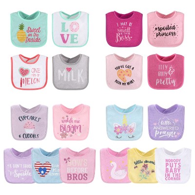 The Peanutshell Baby Girl Terry Bibs, 18 Pack for Feeding, Teething, or Drooling|Girl Foods/Pastel Girl