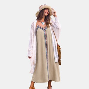 Cupshe Women's Boho Chic Embroidered Straight Maxi Dress-L-Beige