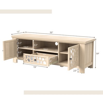 Natural Wood 55" TV Stand with Mirrored Cabinet Doors
