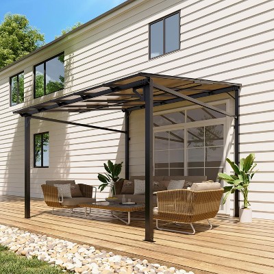 10x10 FT Wall Mounted Lean-to Gazebo, Heavy Duty Metal Pergola with Polycarbonate Hardtop Awning, Outdoor Shelter for Patio, Deck, Backyard, Porch