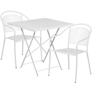 Emma and Oliver Commercial Grade 28" Square White Folding Patio Table Set-2 Round Back Chairs - 1 of 4