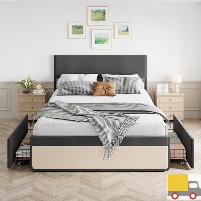 Garvee Upholstered Platform Bed Frame with 2 Storage Drawers, 14" Mattress Foundation with Steel Slats and Headboard, No Box Spring Needed