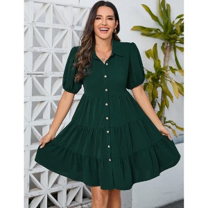 Maternity Dress Women's Casual Puff Short Sleeve Collar V Neck Button Down Tiered Pleated Mini Shirt Dress - 1 of 4