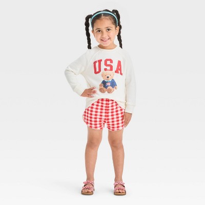 Toddler Girls' 2pc Americana USA Teddy Bear Pullover Sweatshirt and Gingham Shorts Set - Red