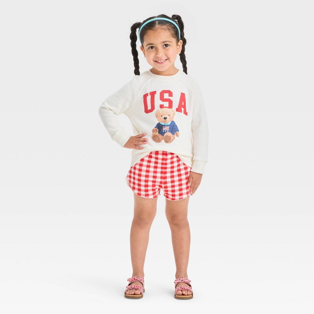 Toddler Girls' 2pc Americana USA Teddy Bear Pullover Sweatshirt and Gingham Shorts Set - Red 4T -  Grayson Mini, 93723285