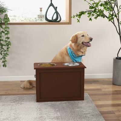 Brown Elevated Dog Feeder with Stainless Steel Bowls and Storage
