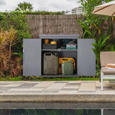 Gray Wooden Outdoor Storage Cabinet with Galvanized Top and Shelves