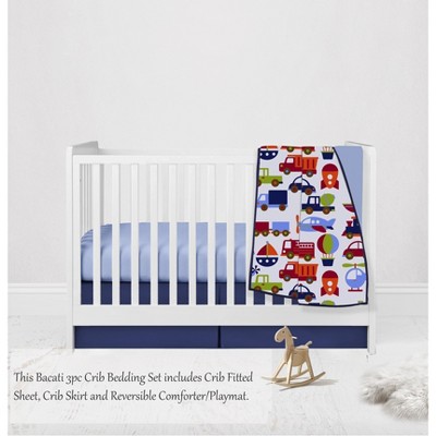 Bacati - Transportation Blue Navy Green Red Orange 3 pc Crib Bedding Set