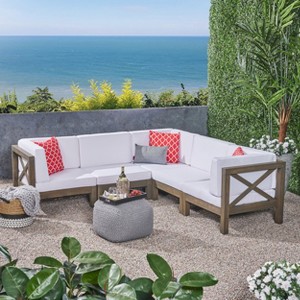 Christopher Knight Home Brava Outdoor Acacia Wood 5 Seater Sectional Sofa Set with Cushions - 1 of 4
